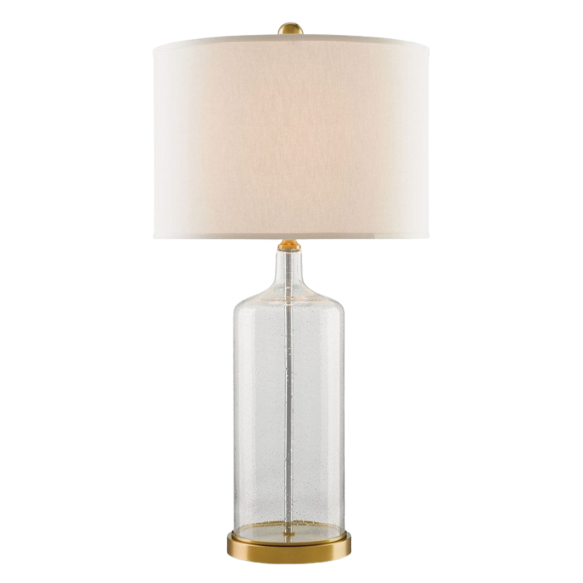 Table lamp with clear glass base, gold accents, and white shade on a white background