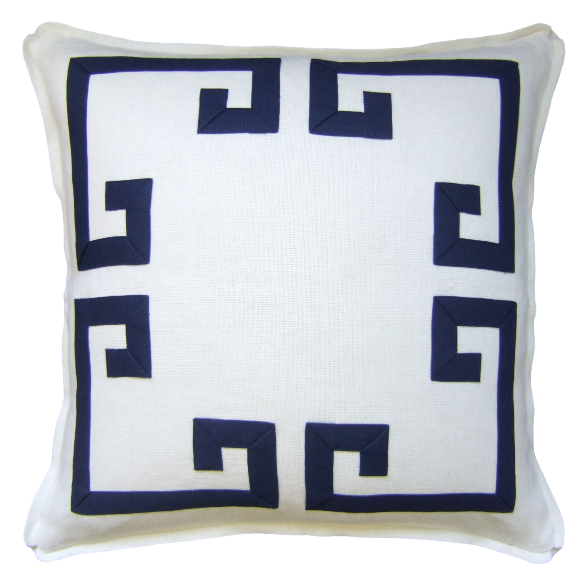 Decorative pillow with navy blue geometric pattern on a white background