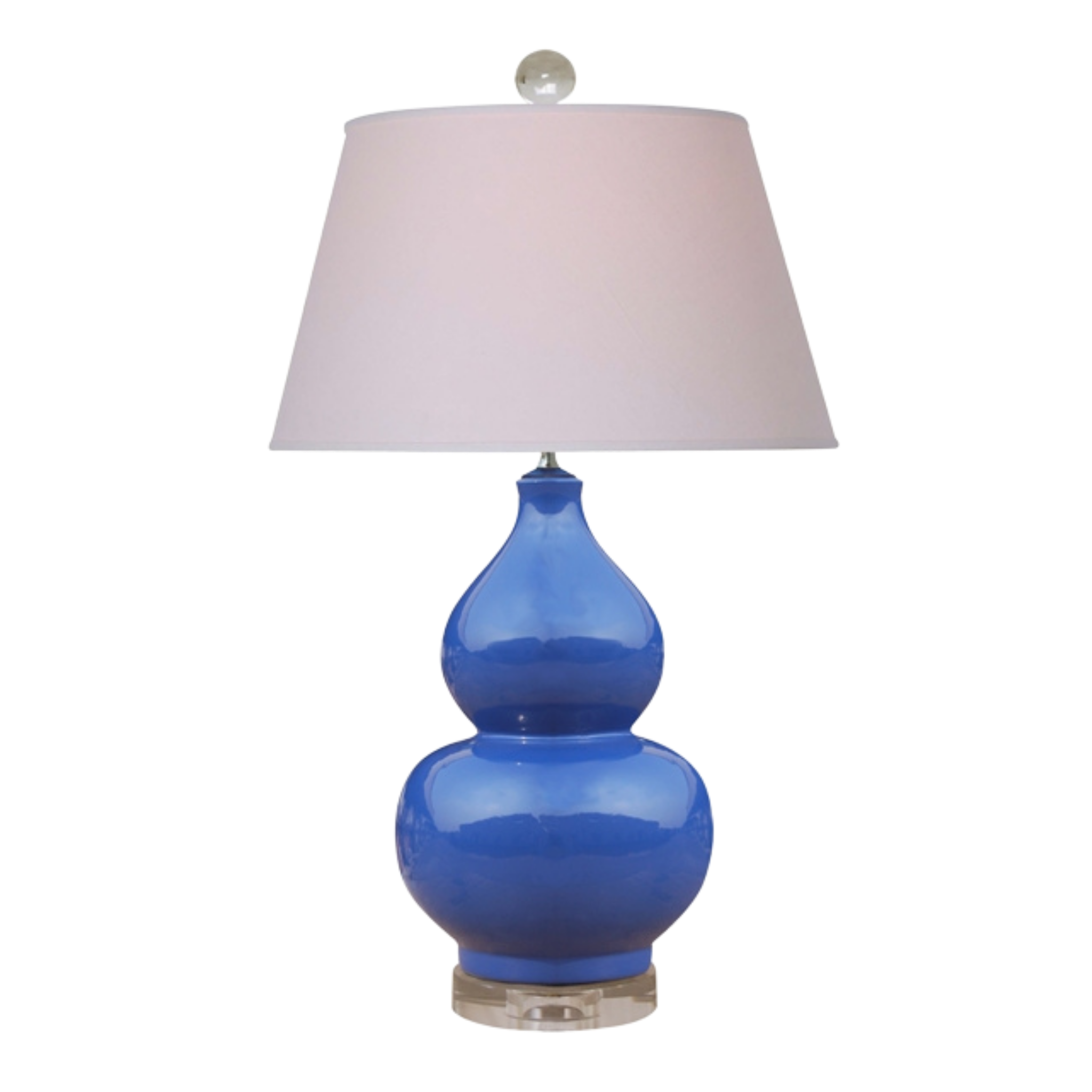 Blue lamp with a white lampshade on a white background