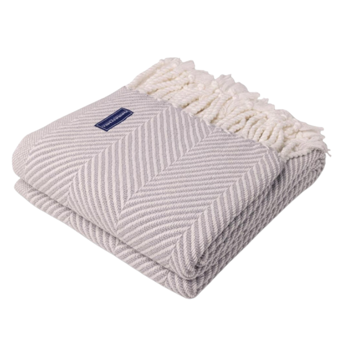 A dove gray herringbone throw with a large-scale herringbone pattern and hand-twisted rope fringe, displayed on a white background.