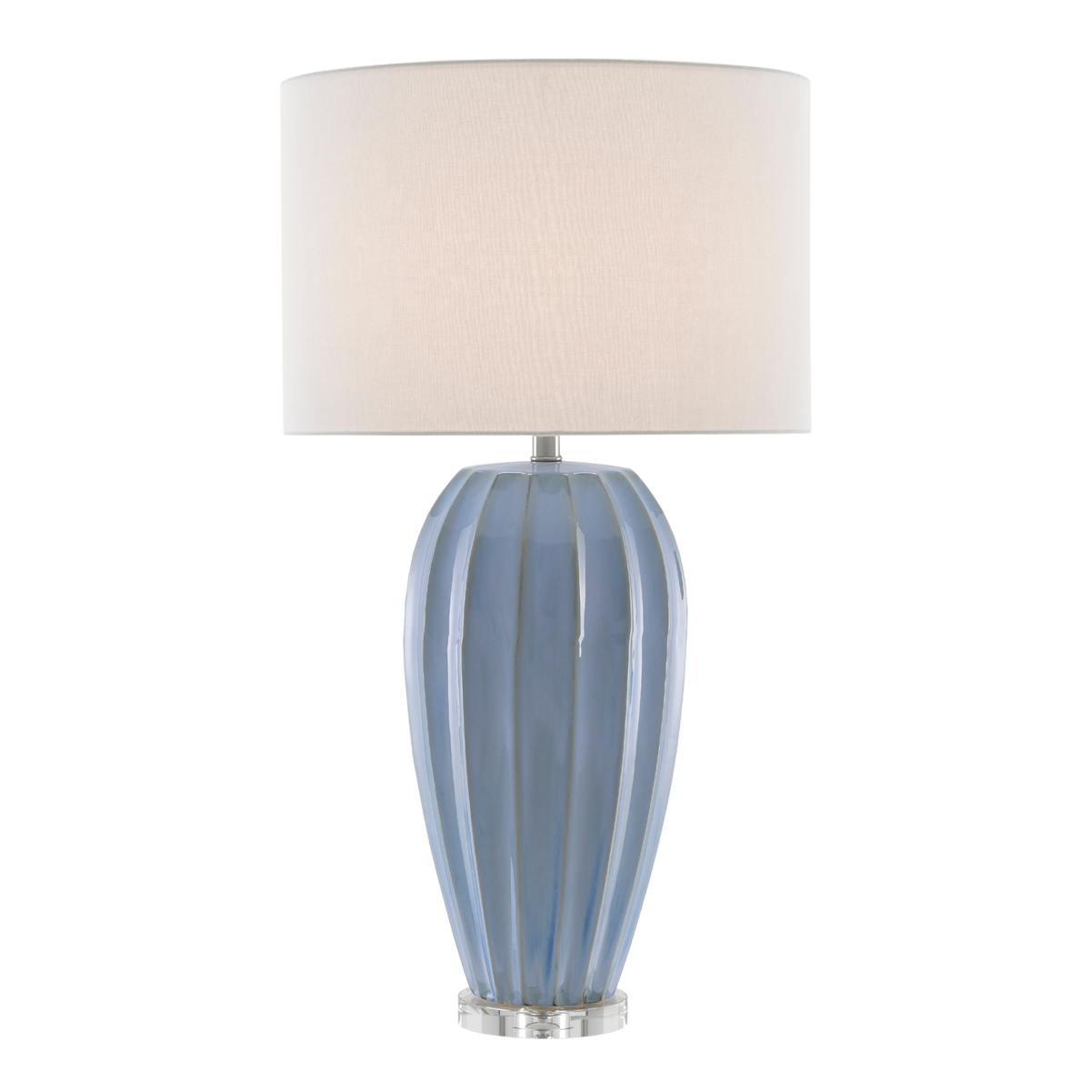 blue lamp with beige shade