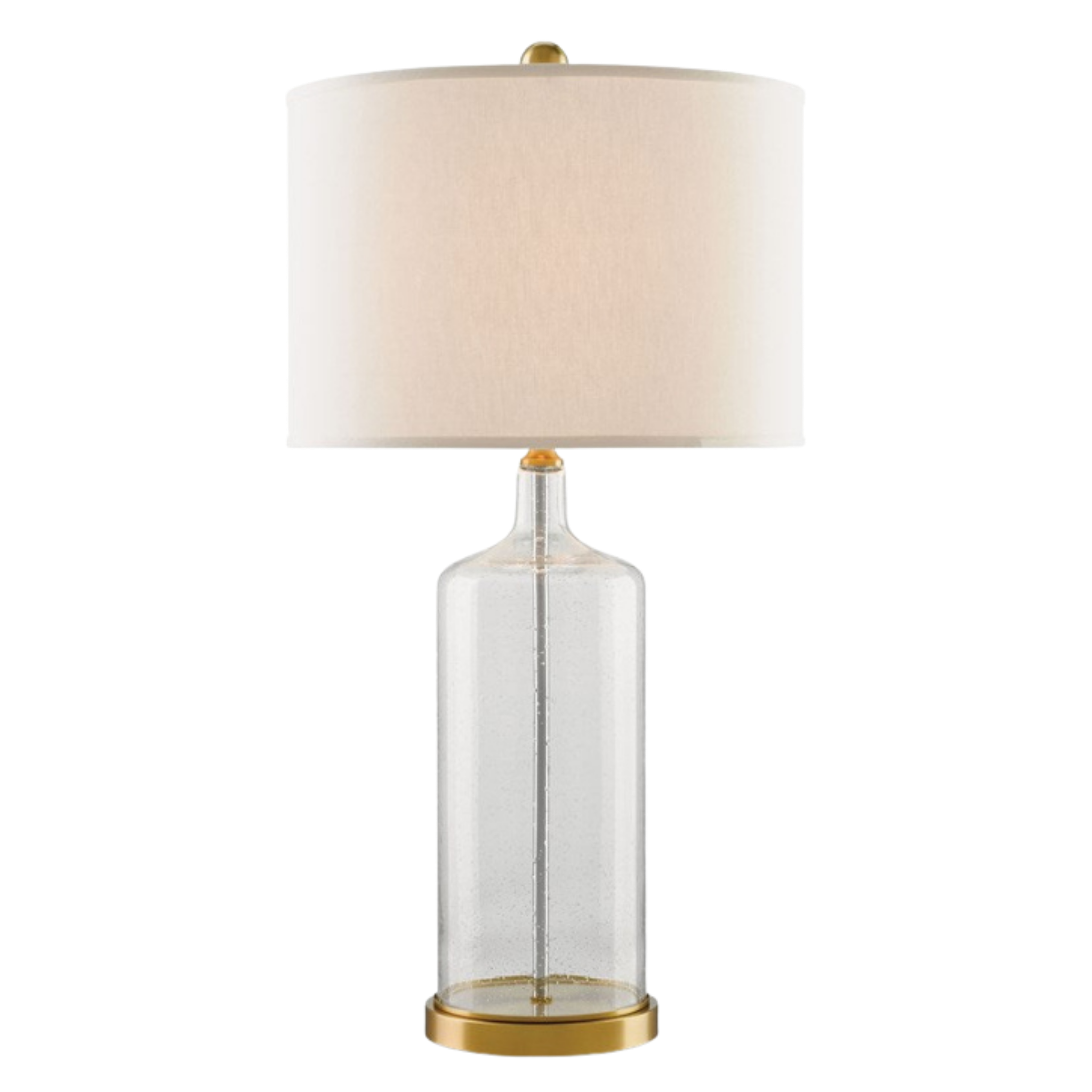 Table lamp with clear glass base, gold accents, and white shade on a white background