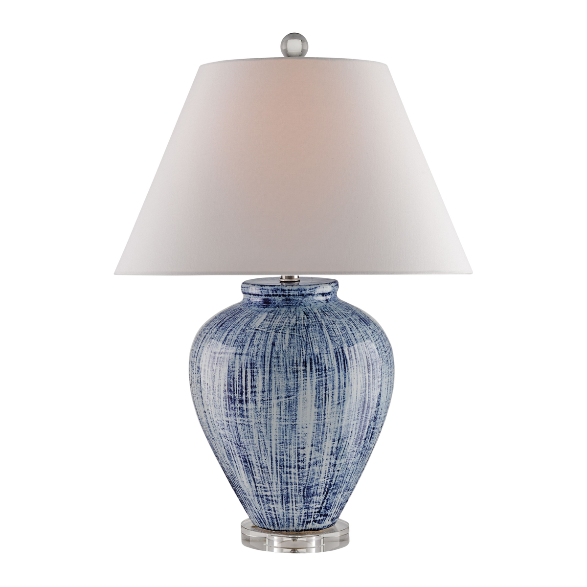 blue and white textured lamp with white shade