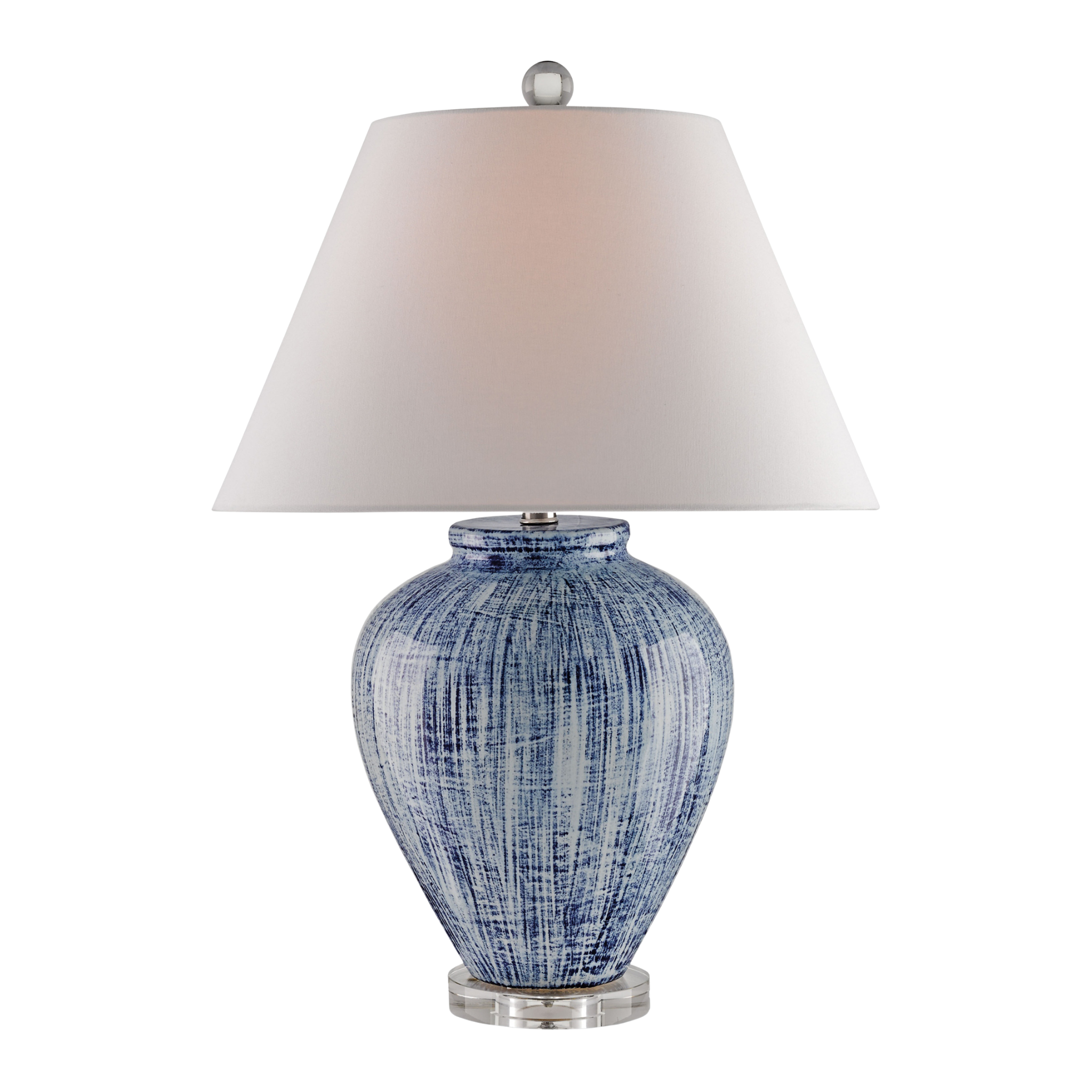 blue and white textured lamp with white shade