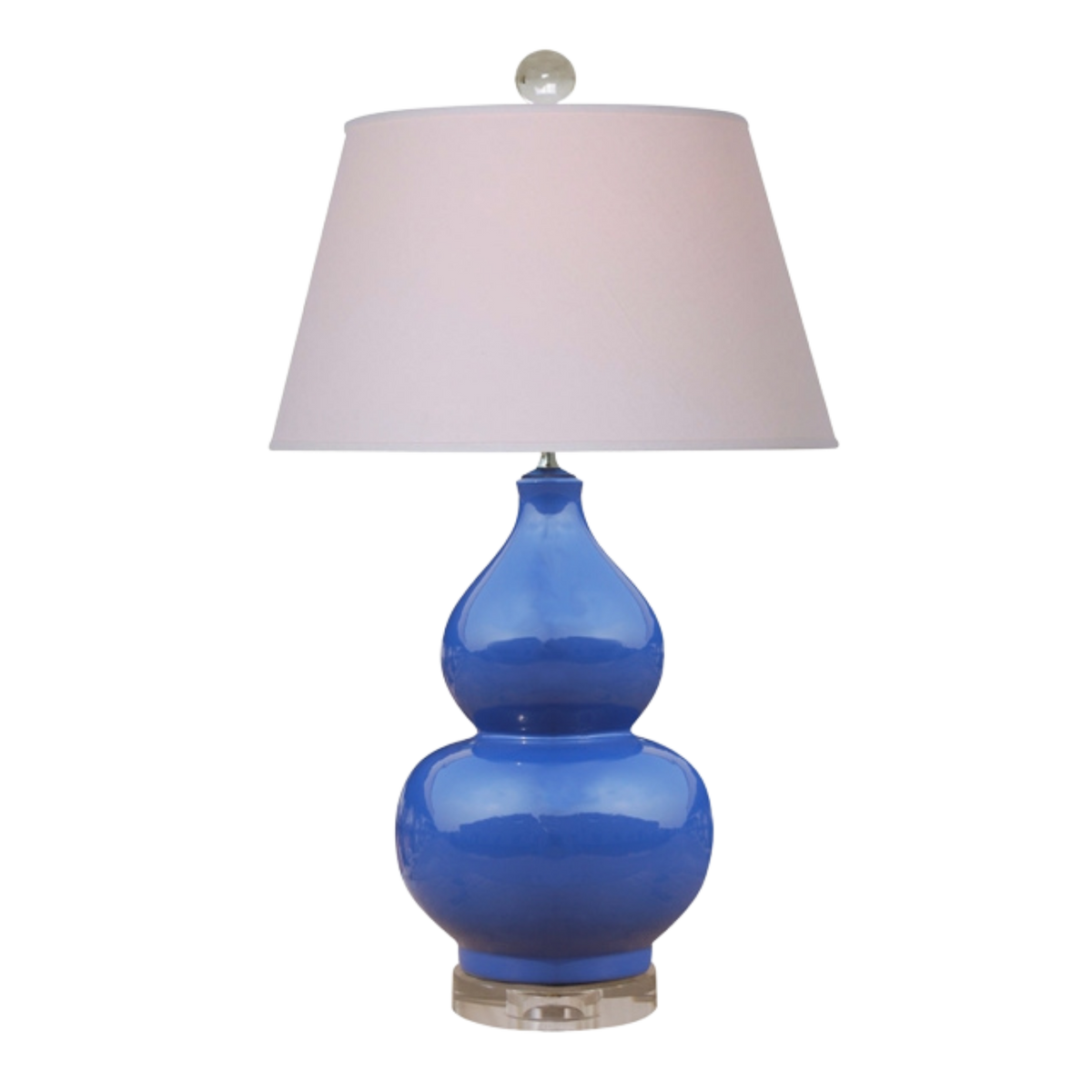 Blue lamp with a white lampshade on a white background