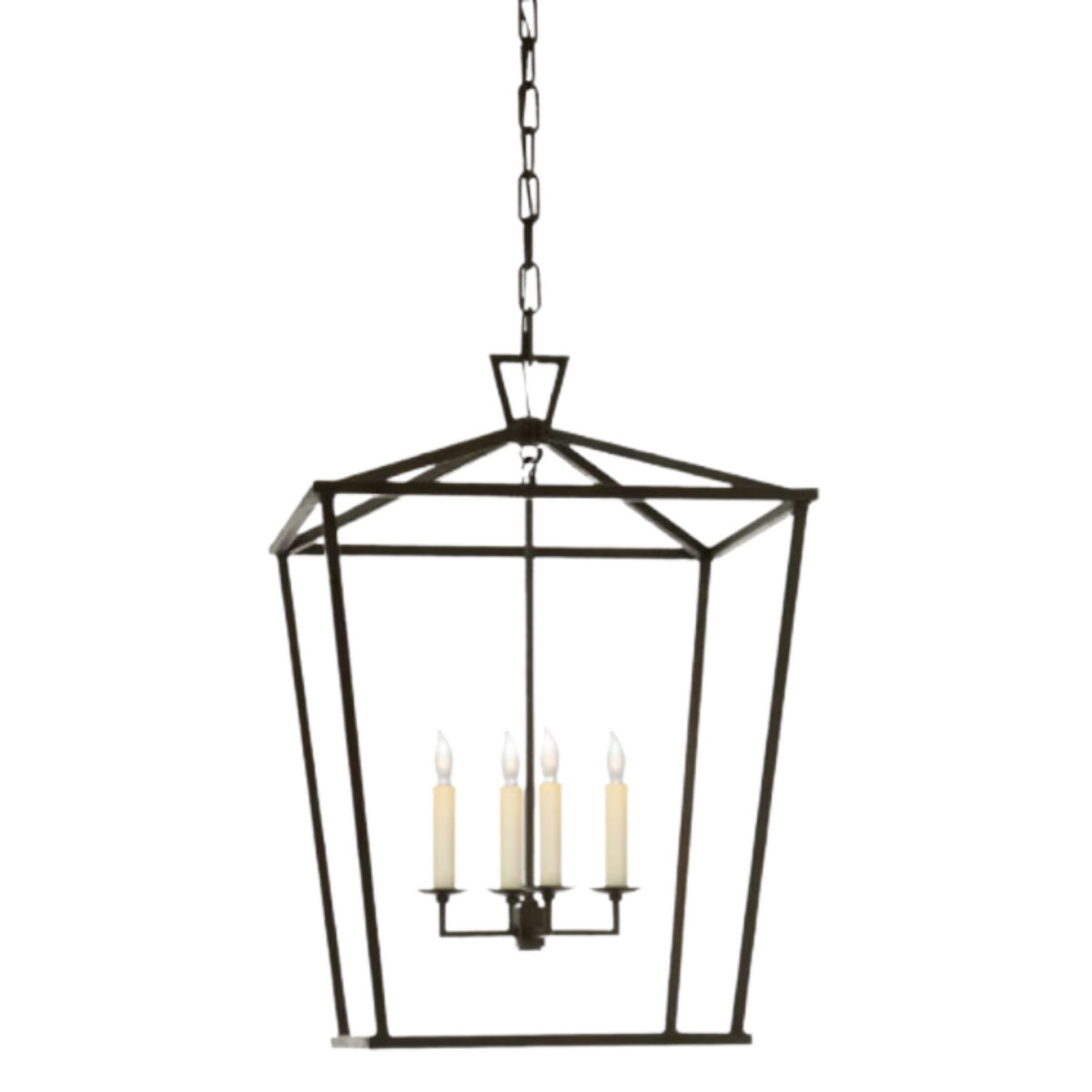 A black classic lantern-style chandelier with a geometric iron frame and four candle-like bulbs.
