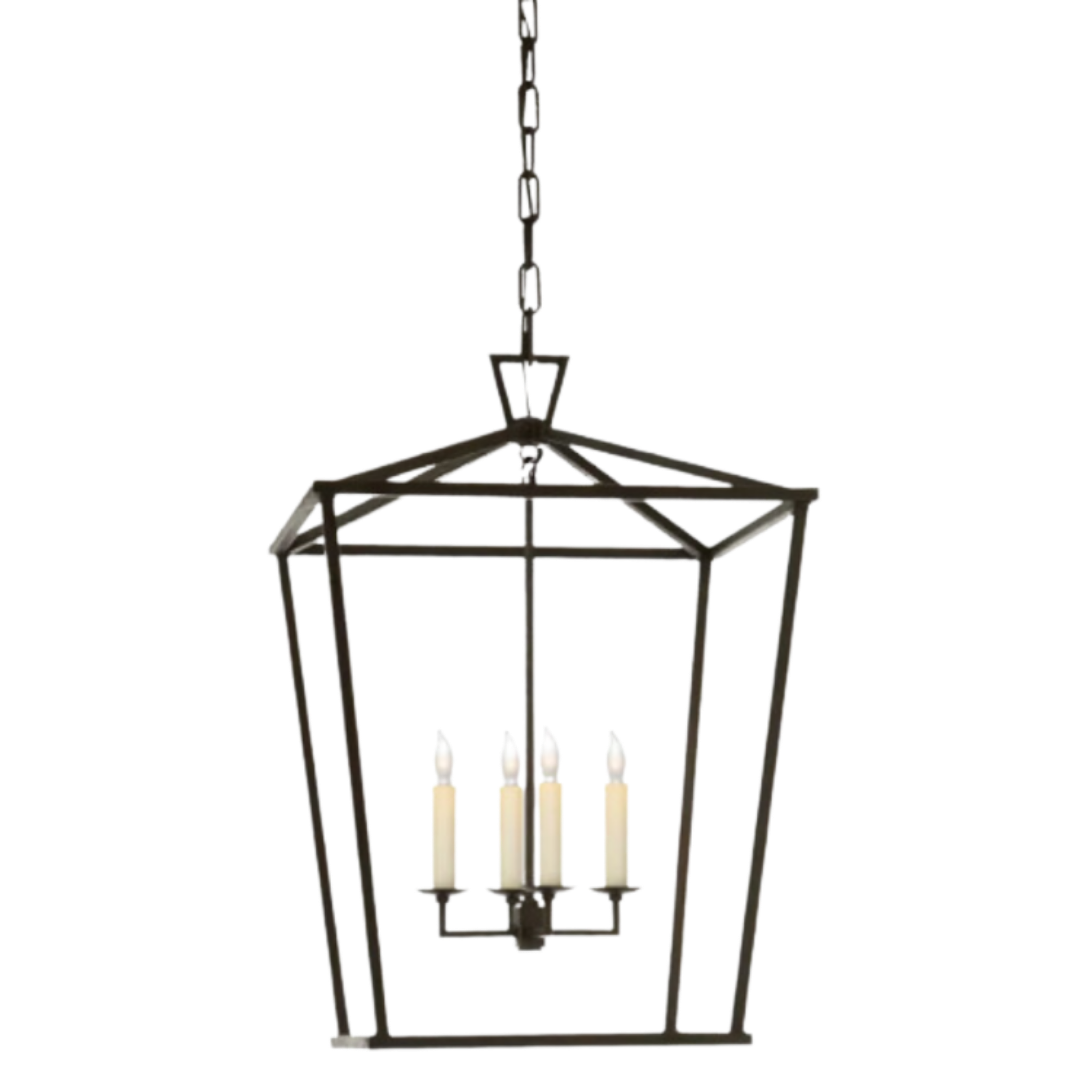 A black classic lantern-style chandelier with a geometric iron frame and four candle-like bulbs.