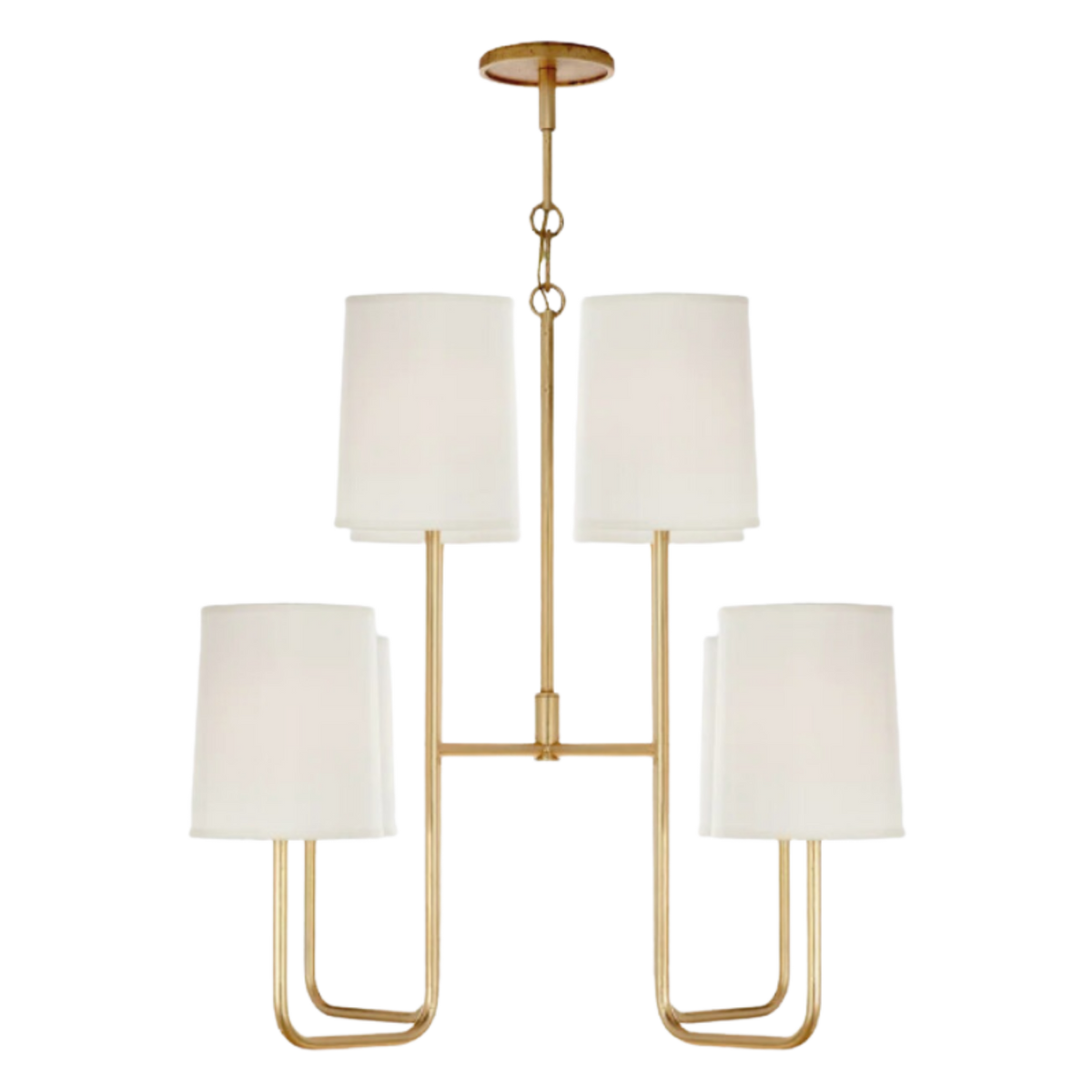 A gold-finished chandelier with white linen shades, featuring a geometric design with three main lighting branches and additional smaller branches.