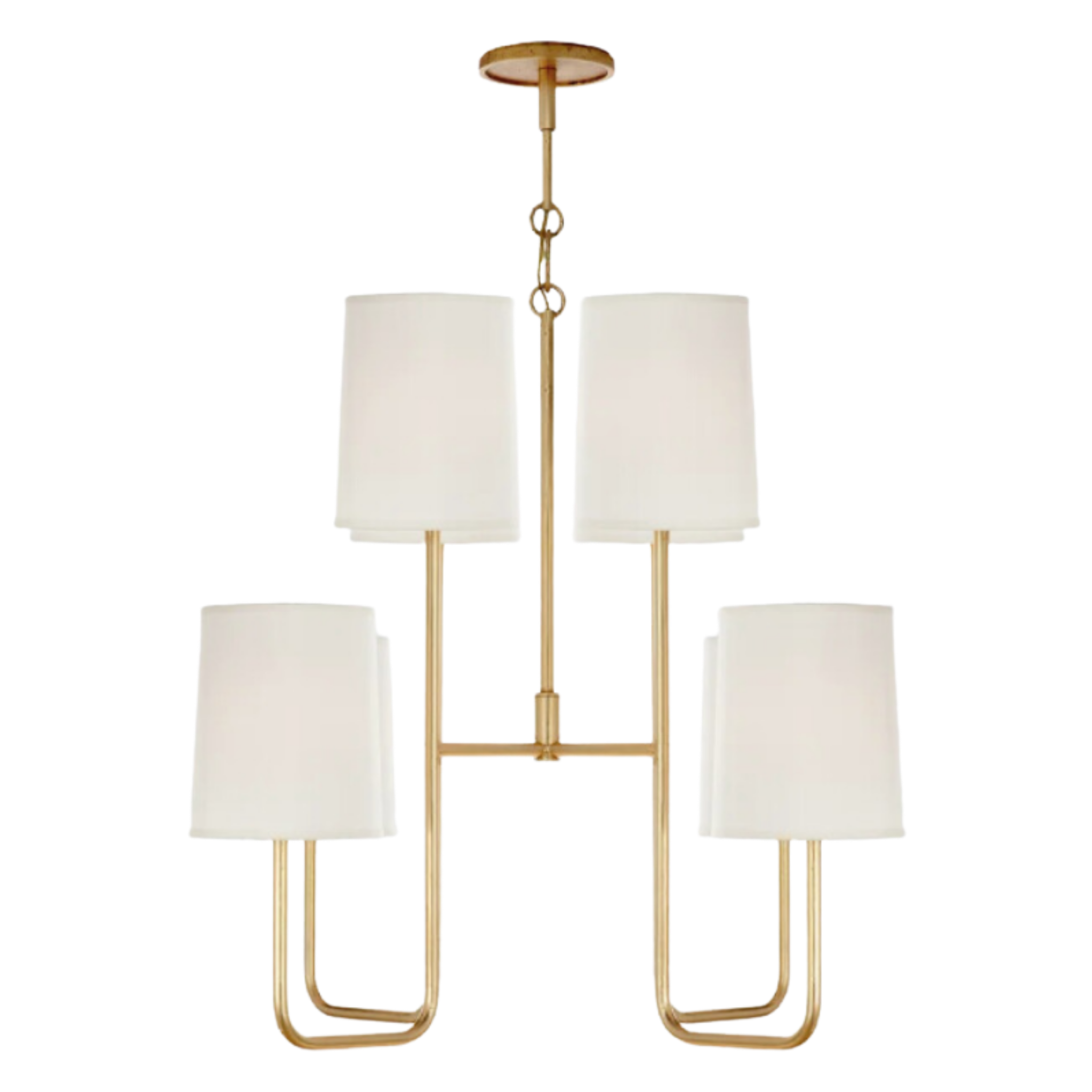 A gold-finished chandelier with white linen shades, featuring a geometric design with three main lighting branches and additional smaller branches.
