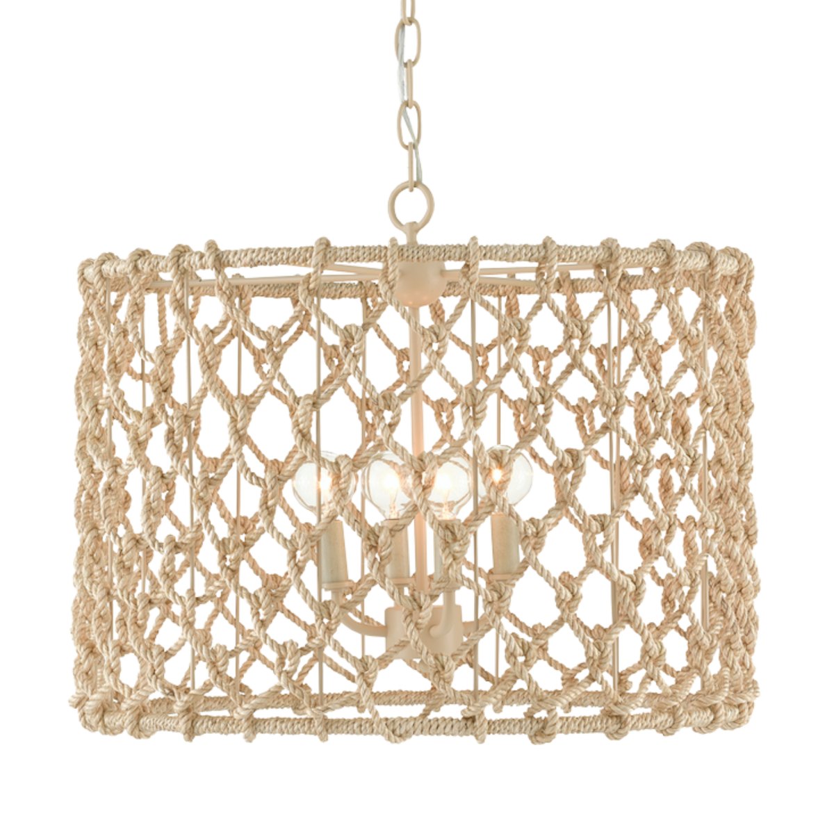 Hand knotted chandelier made of natural abaca rope with a beige chain, hanging from a wrought iron frame.