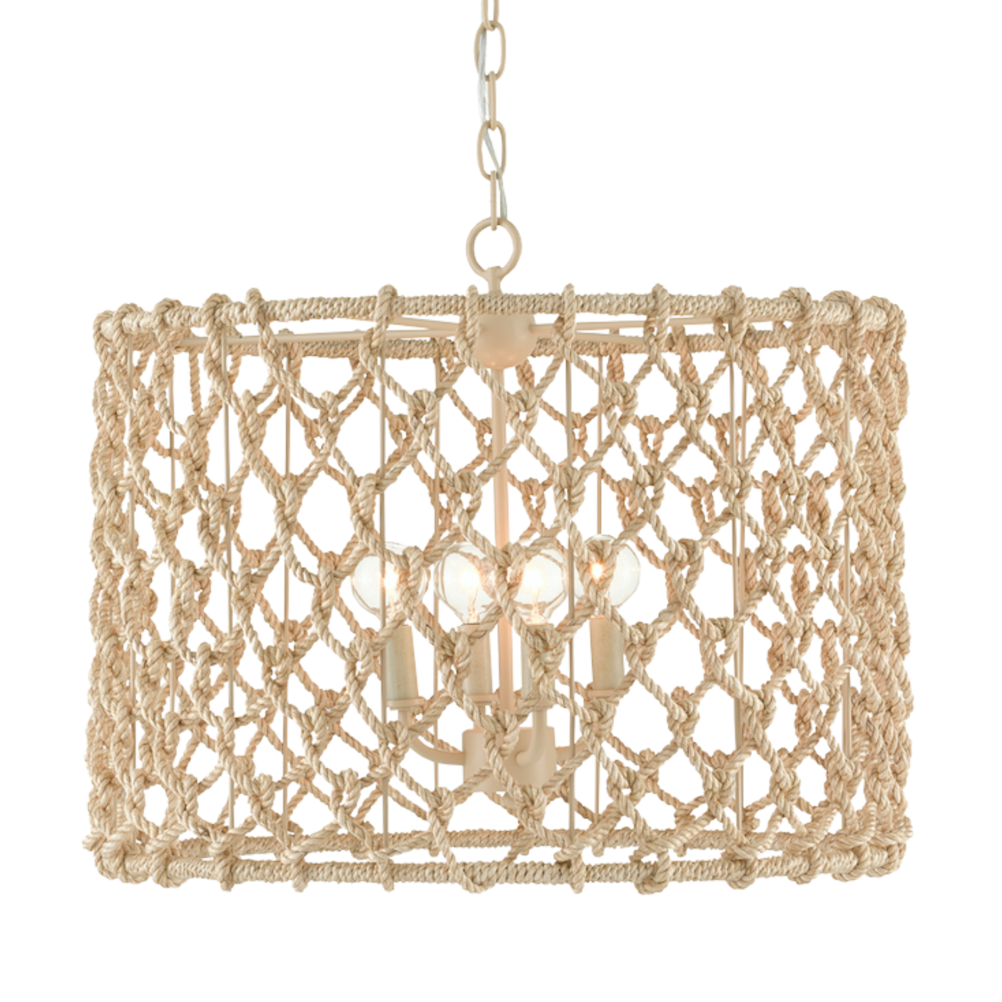 Hand knotted chandelier made of natural abaca rope with a beige chain, hanging from a wrought iron frame.