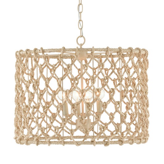 Hand knotted chandelier made of natural abaca rope with a beige chain, hanging from a wrought iron frame.