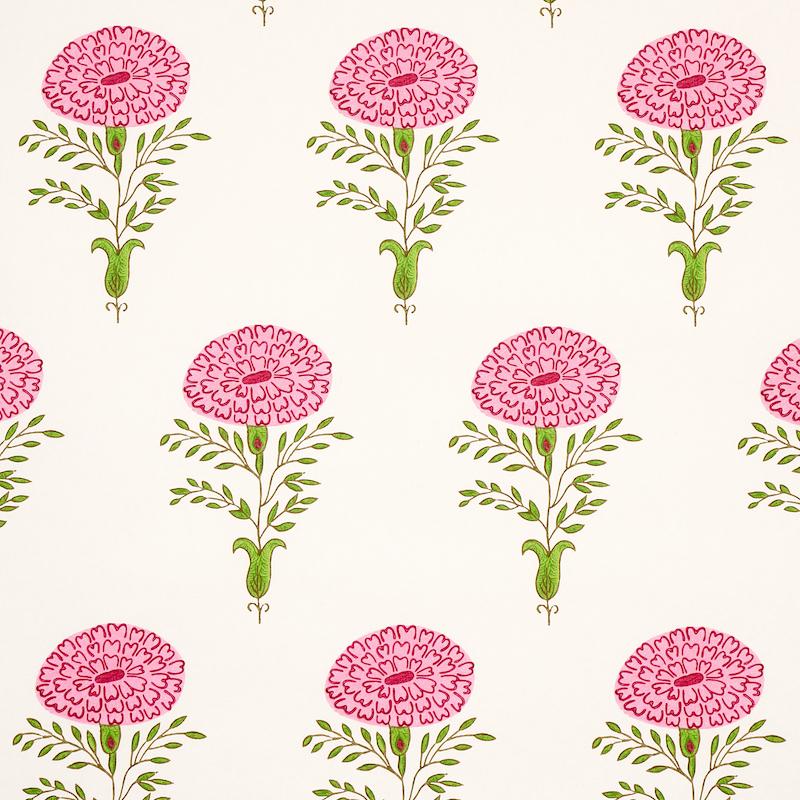 A wallpaper with a pattern of pink marigold flowers and green leaves on a white background.