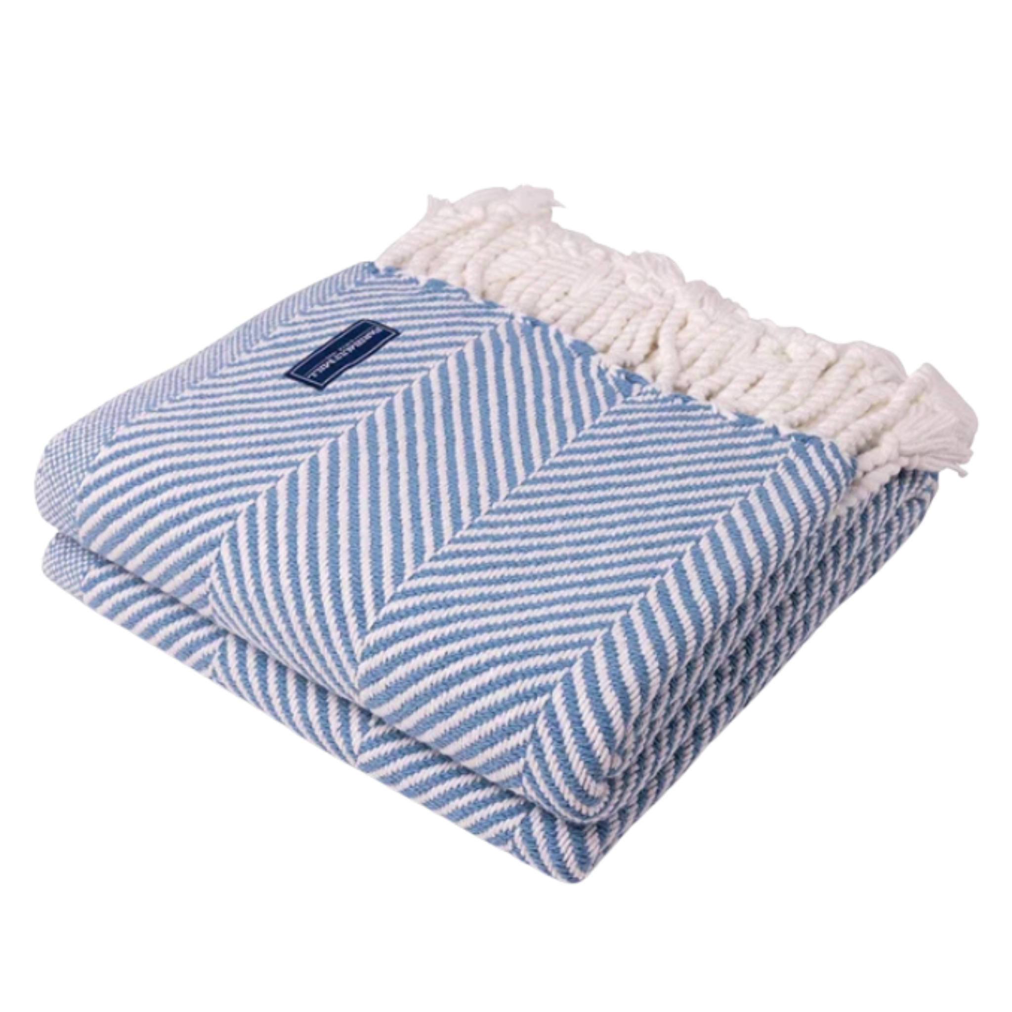A denim herringbone throw with a large-scale herringbone pattern and hand-twisted rope fringe, finished with a true selvedge hem.