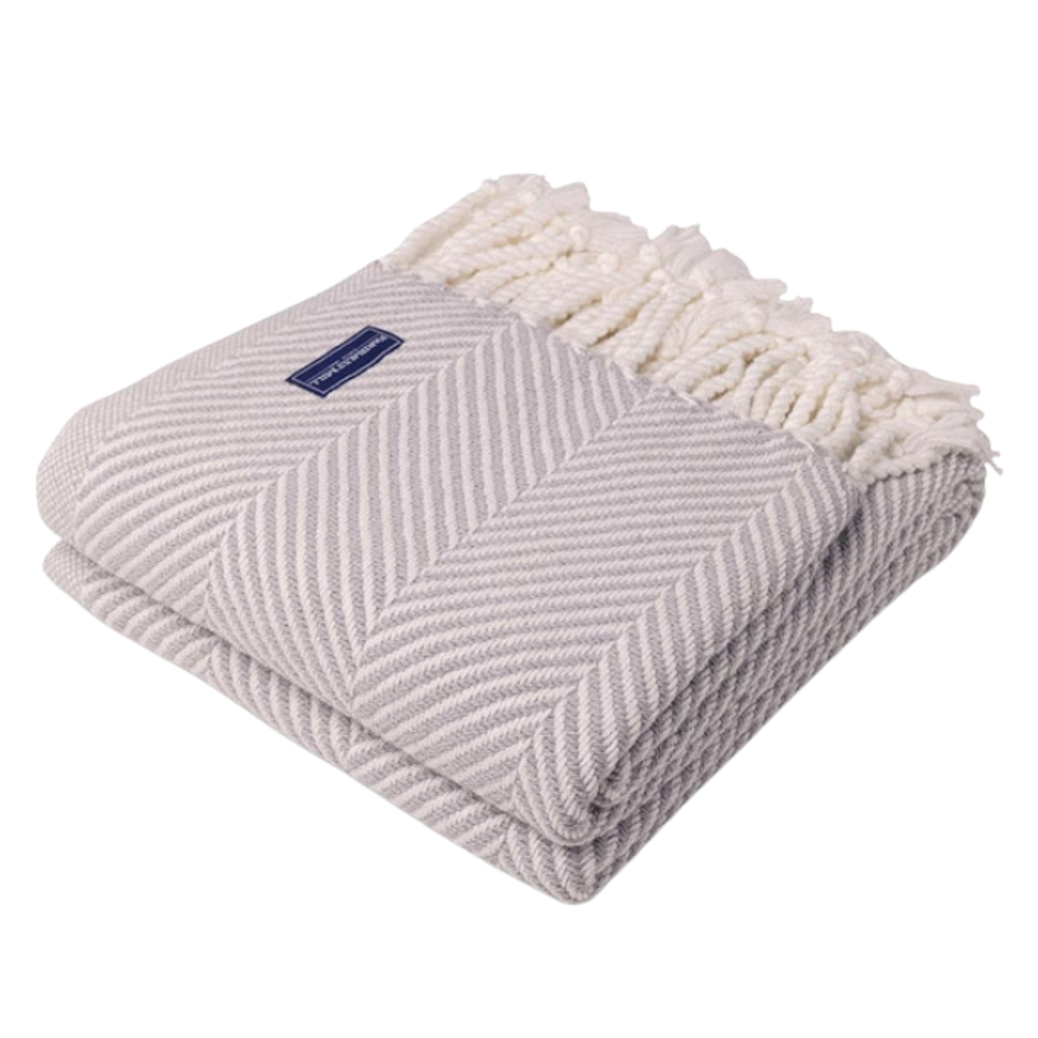 A dove gray herringbone throw with a large-scale herringbone pattern and hand-twisted rope fringe, displayed on a white background.