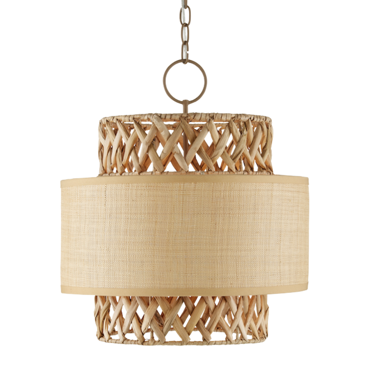 A grasscloth pendant light with a beige frame and a water hyacinth lampshade, featuring a khaki chain and a clear cord.