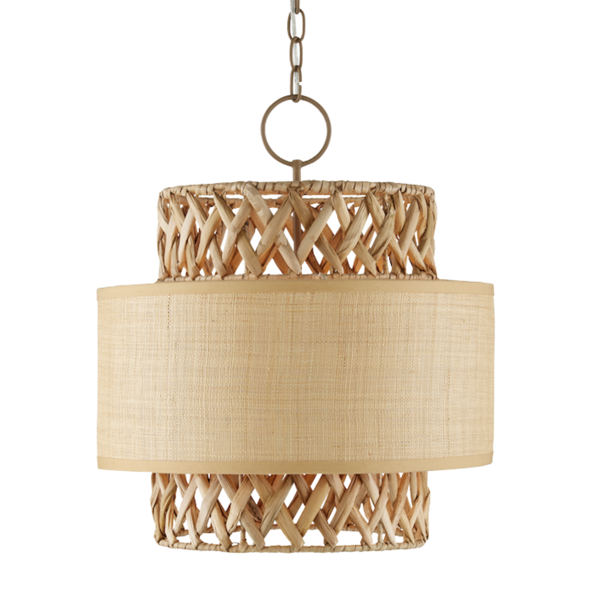 A grasscloth pendant light with a beige frame and a water hyacinth lampshade, featuring a khaki chain and a clear cord.