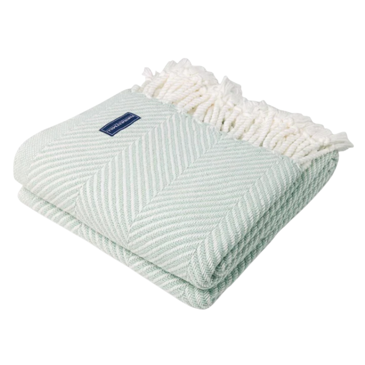 A green and white striped cotton throw with a herringbone pattern and fringe detail.