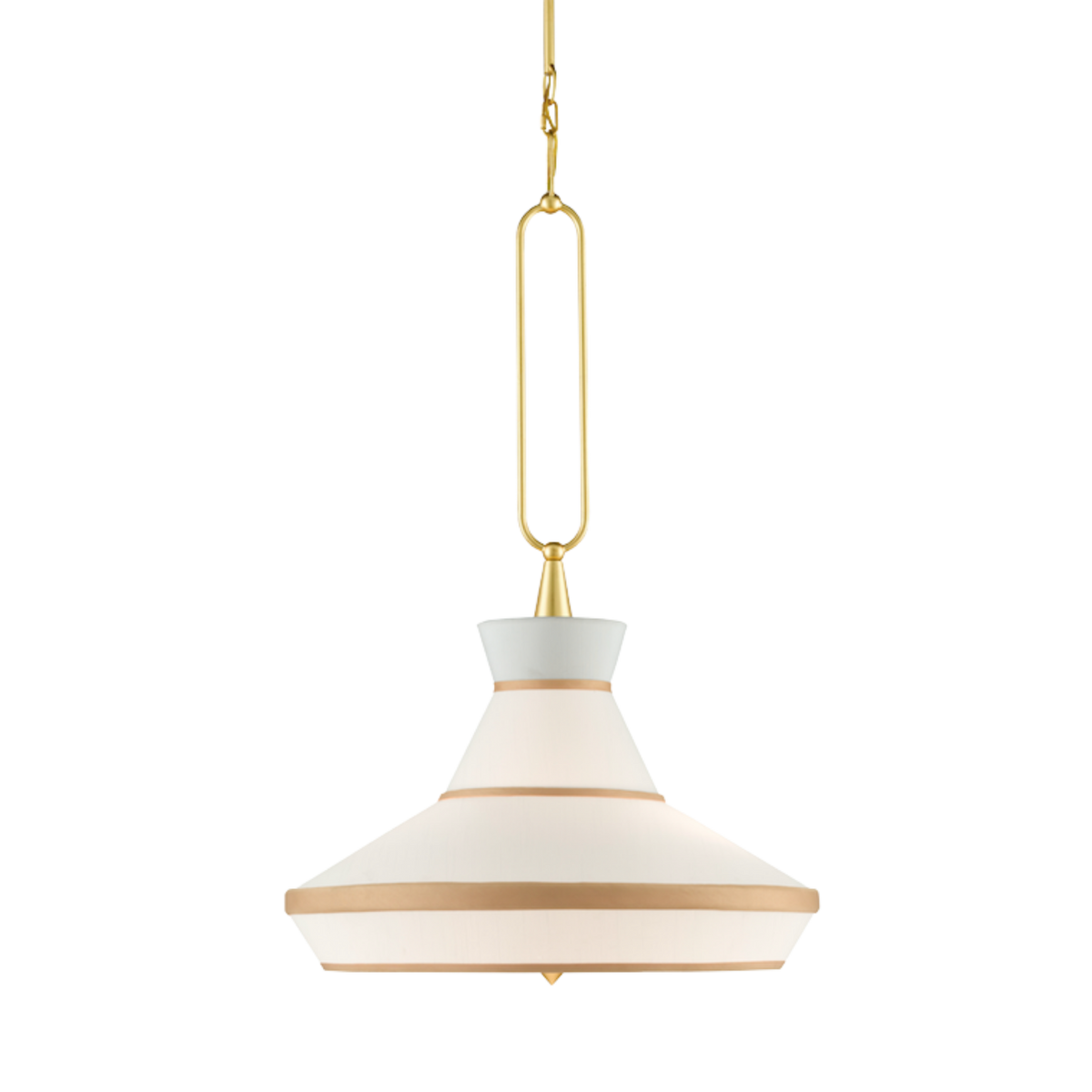 A gold leaf pendant light with an off-white shantung shade and gold trim, featuring a chain of lights and adjustable gold lead rods.