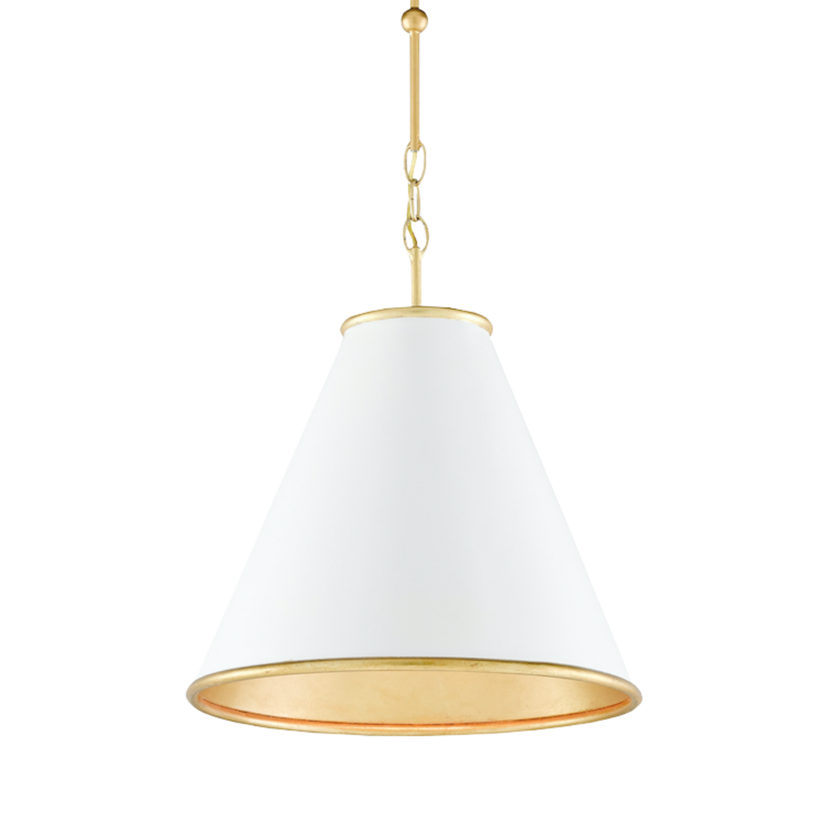 A white pendant light with a gold leaf finish on the interior, featuring a chain of gold leaf rods and a gold cord for hanging.